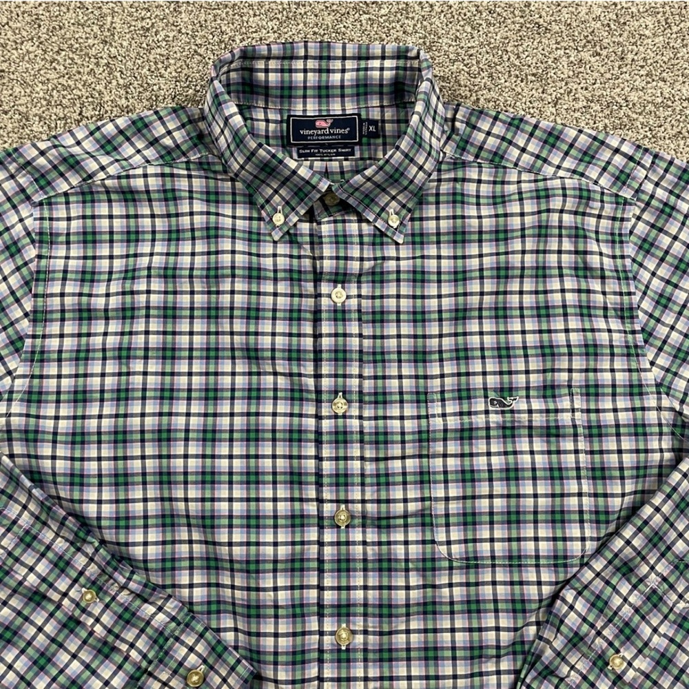 Vineyard Vines Slim Fit Whale Shirt. Green And Blue Plaid Button Down. Size M